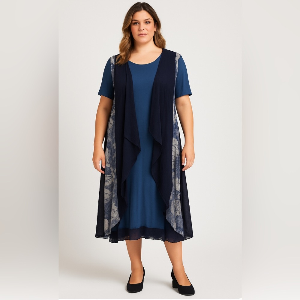 La Mouette Navy Blue Mixed Fabric Layered Dress – Size 2 (US 16) Plus Size